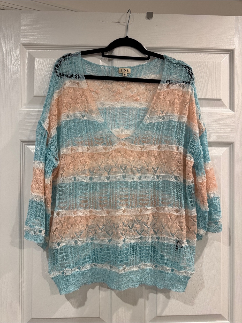 POL open-knit V-neck sweater - aqua & peach
